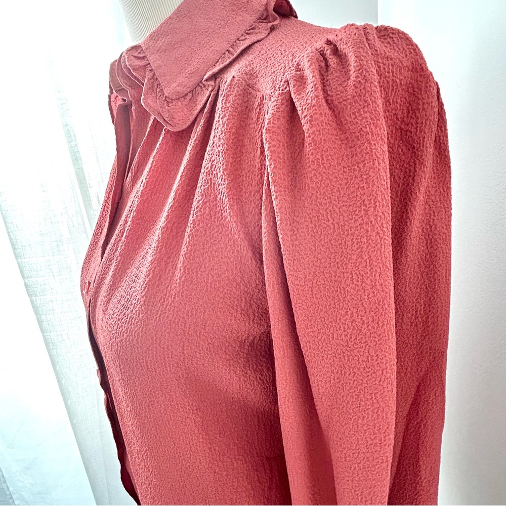 🌸NWT - Max Studio Ruffle Button Down Blouse. Rust. Size: XS - Picture 7 of 13